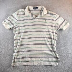 VTG Polo Ralph Lauren Mens Large White Green Navy Blue Striped Cotton Polo Shirt